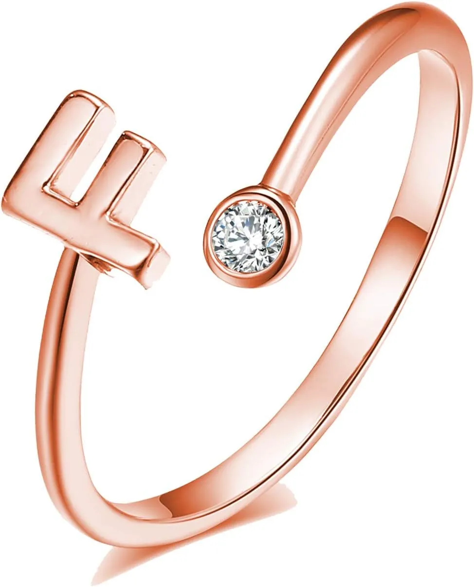 YANCHUN Rose Gold Initial Ring for Women Adjustable CZ Letter Knuckle Rings for Girls
