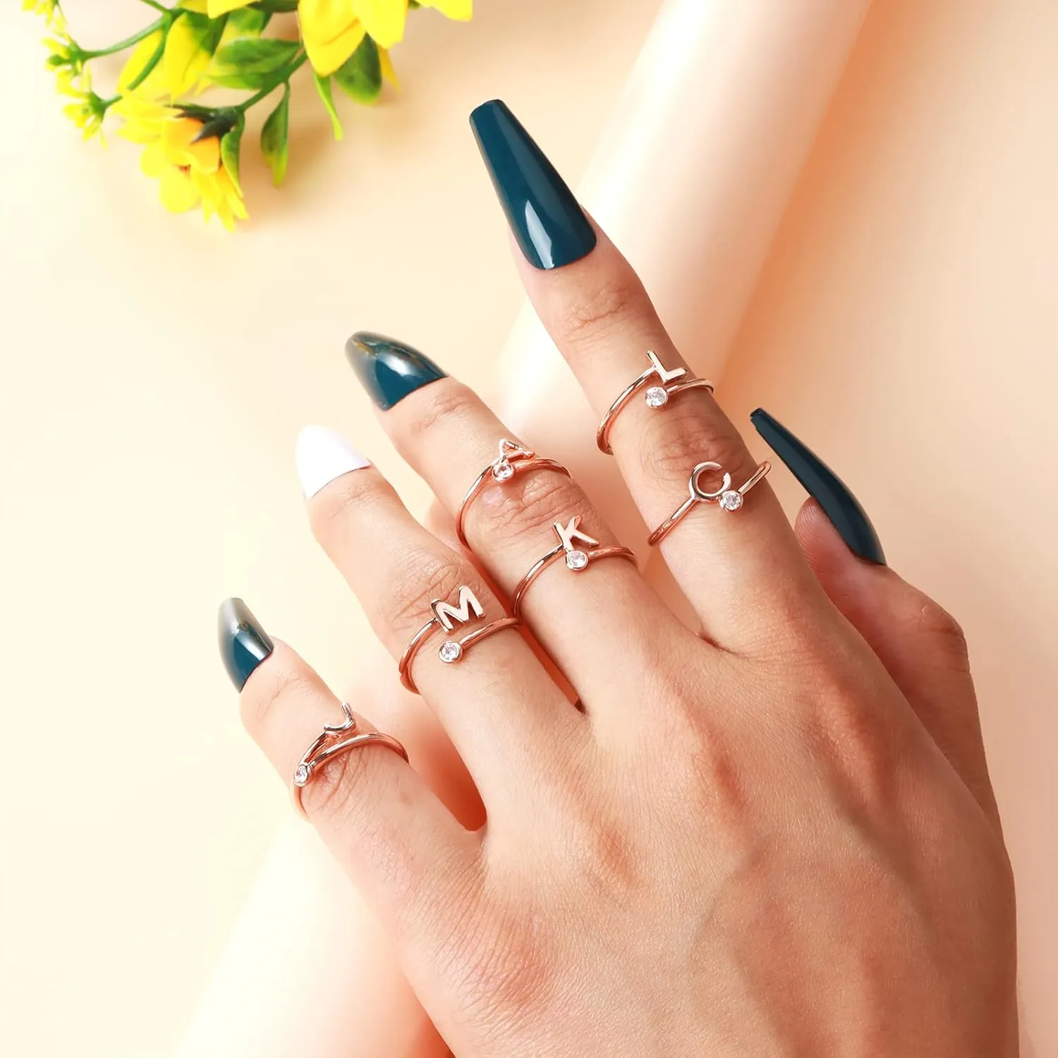 YANCHUN Rose Gold Initial Ring for Women Adjustable CZ Letter Knuckle Rings for Girls