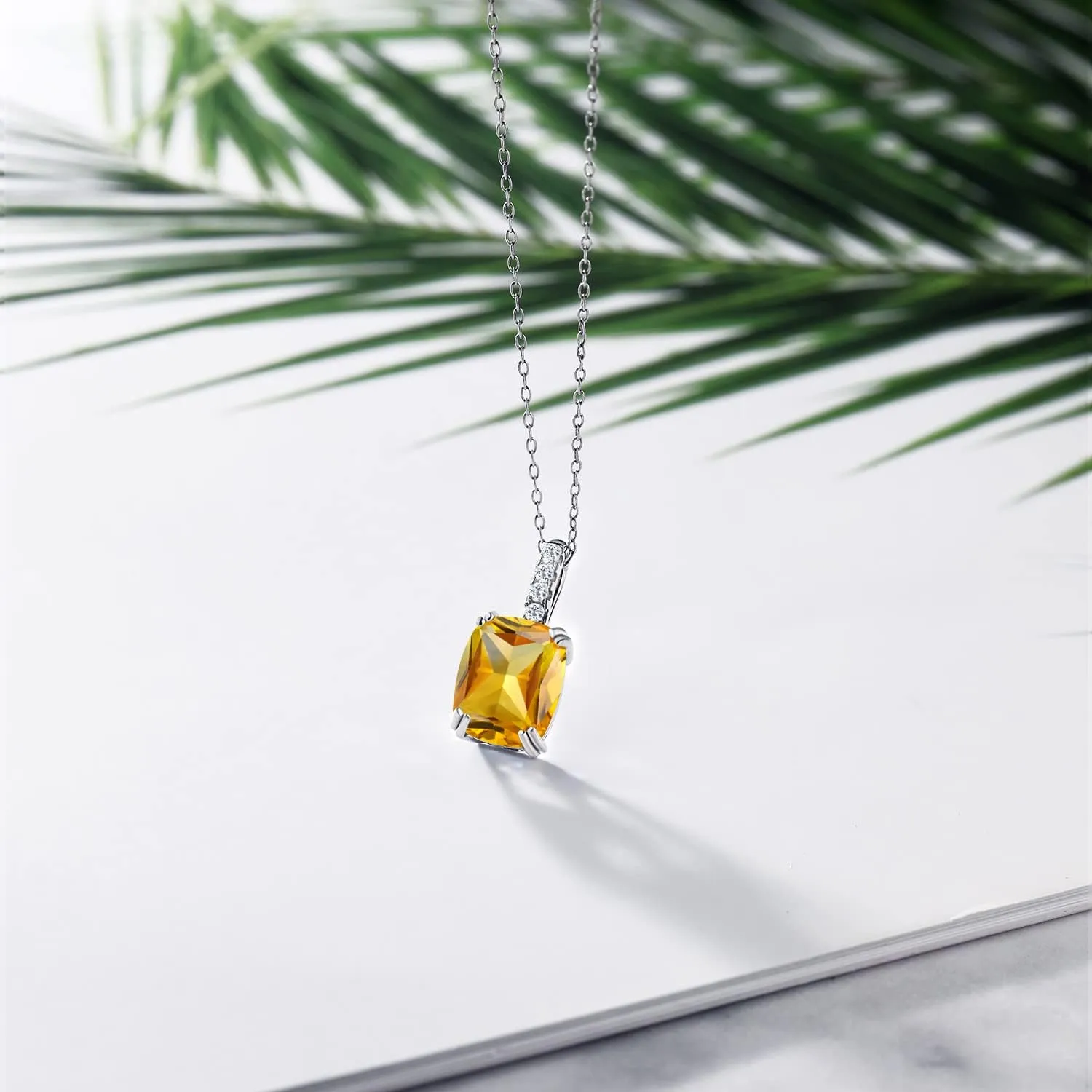 Yellow Citrine and Gemstone Birthstone Pendant Necklace for Women | 925 Sterling Silver | Cushion Cut 10X8MM with 1.5MM Round Accent | 18-Inch Chain | Fine Jewelry Gifts for Her Mom Women Wife