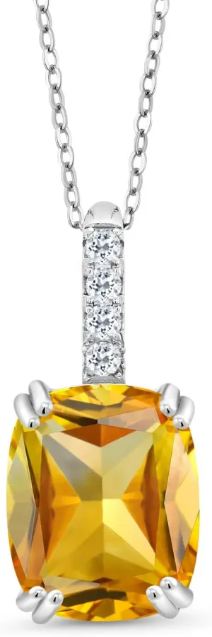 Yellow Citrine and Gemstone Birthstone Pendant Necklace for Women | 925 Sterling Silver | Cushion Cut 10X8MM with 1.5MM Round Accent | 18-Inch Chain | Fine Jewelry Gifts for Her Mom Women Wife