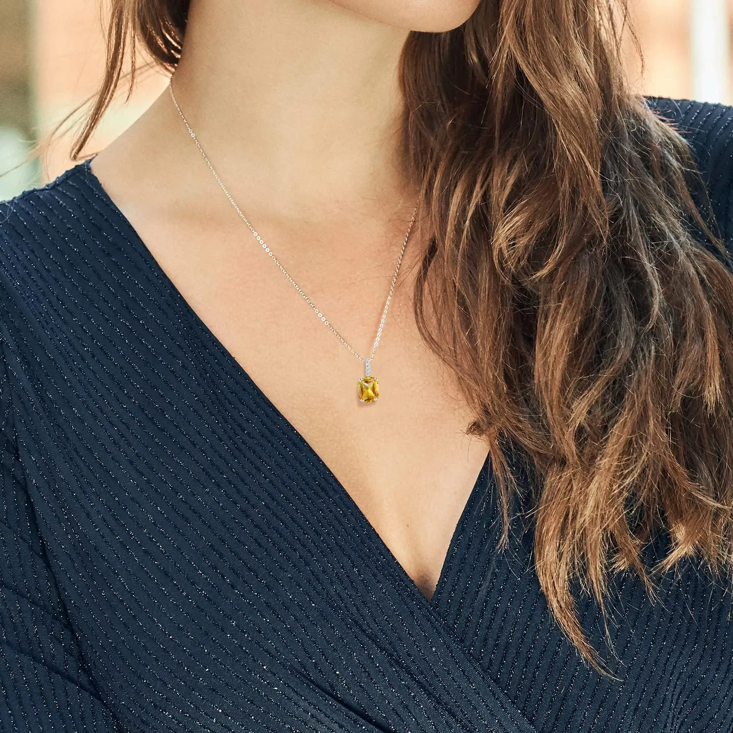 Yellow Citrine and Gemstone Birthstone Pendant Necklace for Women | 925 Sterling Silver | Cushion Cut 10X8MM with 1.5MM Round Accent | 18-Inch Chain | Fine Jewelry Gifts for Her Mom Women Wife