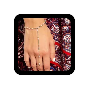 YienDoo Pearl Satellite Chain Bracelet Gold Pearl Finger Chain Pearl Beaded Station Slave Hand Chain Pearl Hand Harness Boho Pearl Bracelets Jewelry Gifts for Women