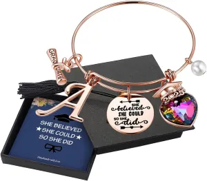 Yoosteel 2025 Graduation Gifts Initial Bracelets, Engraved Inspirational Bracelets She Believed She Could Bracelet College Graduation Gifts for Her