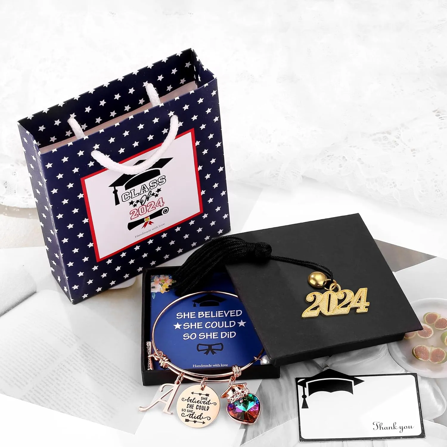 Yoosteel 2025 Graduation Gifts Initial Bracelets, Engraved Inspirational Bracelets She Believed She Could Bracelet College Graduation Gifts for Her