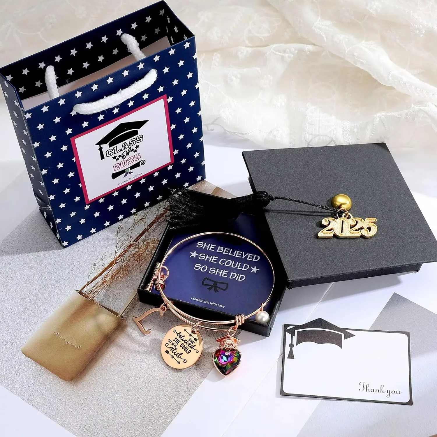 Yoosteel 2025 Graduation Gifts Initial Bracelets, Engraved Inspirational Bracelets She Believed She Could Bracelet College Graduation Gifts for Her