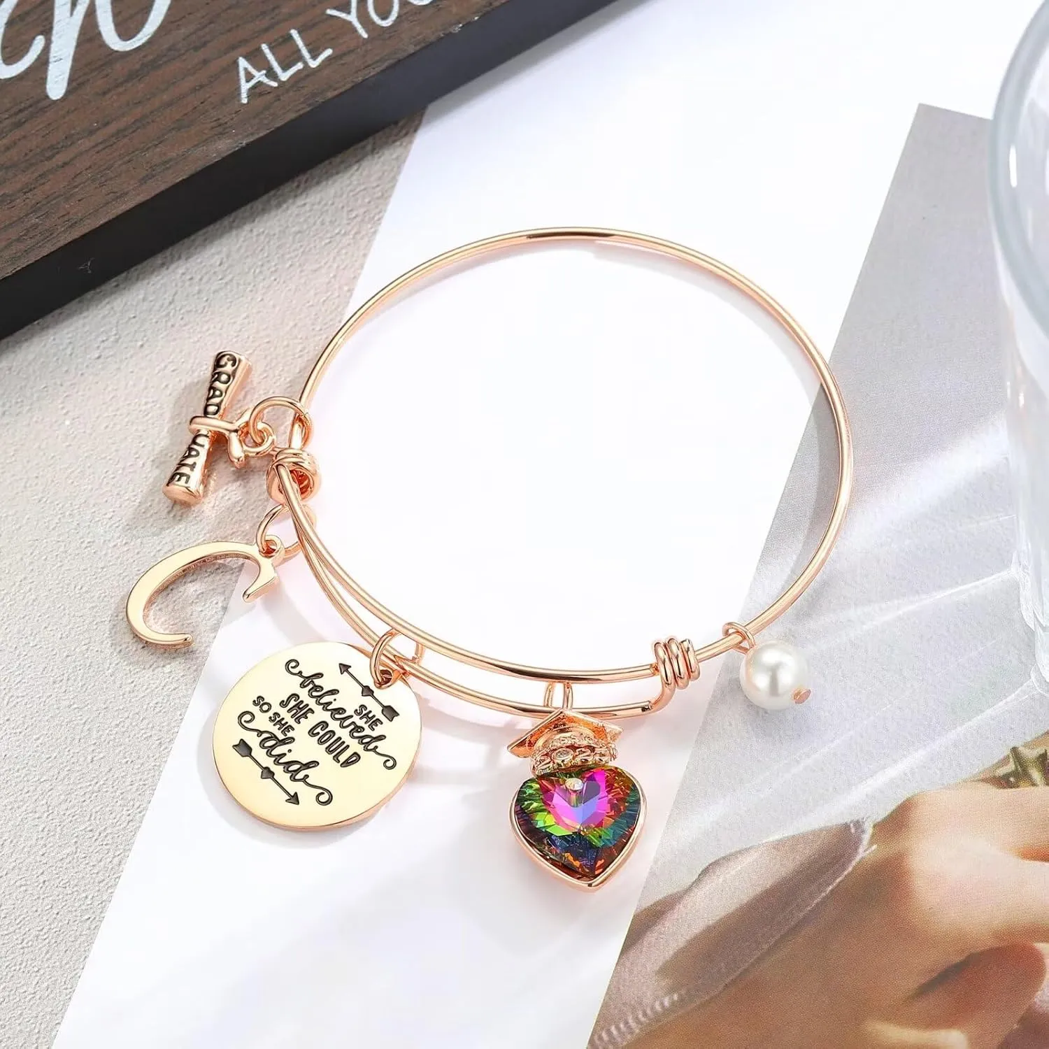 Yoosteel 2025 Graduation Gifts Initial Bracelets, Engraved Inspirational Bracelets She Believed She Could Bracelet College Graduation Gifts for Her