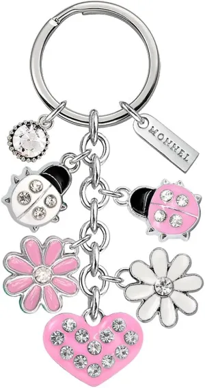 Z519-E Ladybugs Flowers Heart Keychain Charms Pendants with Velvet Bag (Pink White)