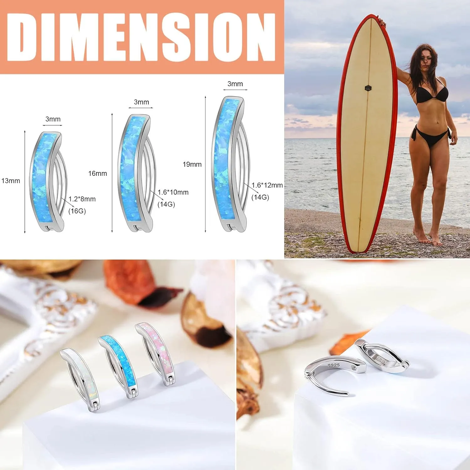 ZS 14G Clicker Belly Button Rings for Women, 925 Sterling Silver Opal Belly Barbell Piercing Reverse Curved Navel Barbell Body Jewelry