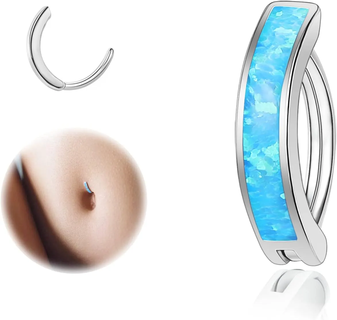 ZS 14G Clicker Belly Button Rings for Women, 925 Sterling Silver Opal Belly Barbell Piercing Reverse Curved Navel Barbell Body Jewelry